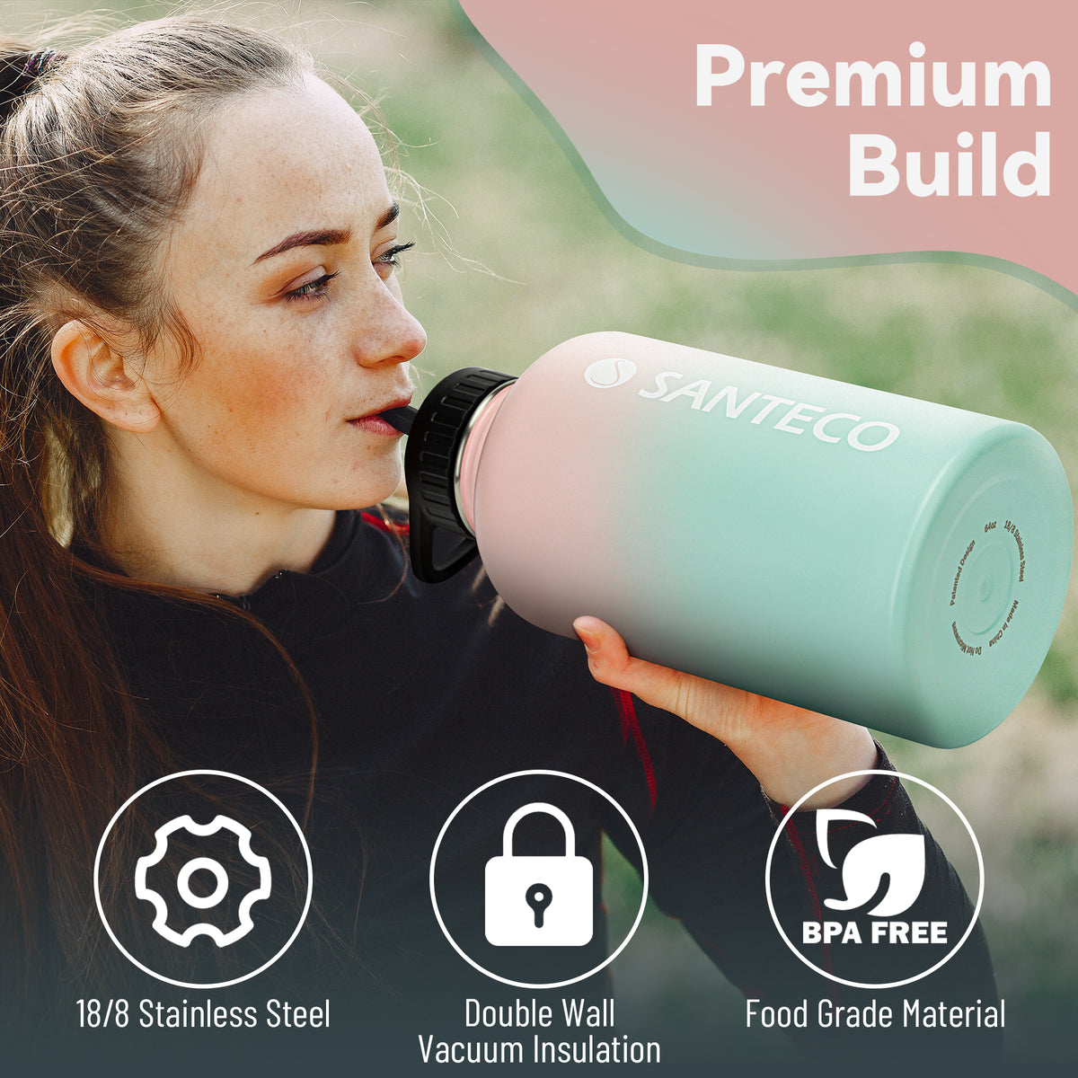 SANTECO water bottle 64 ounces (about 1.8 liters), half a gallon (about 1.8 liters) vacuum insulation stainless steel bottle, with straw handle cover, leak-proof, wide mouth and easy to clean, keep drinks hot and cold, suitable for gyms, camping, hiking