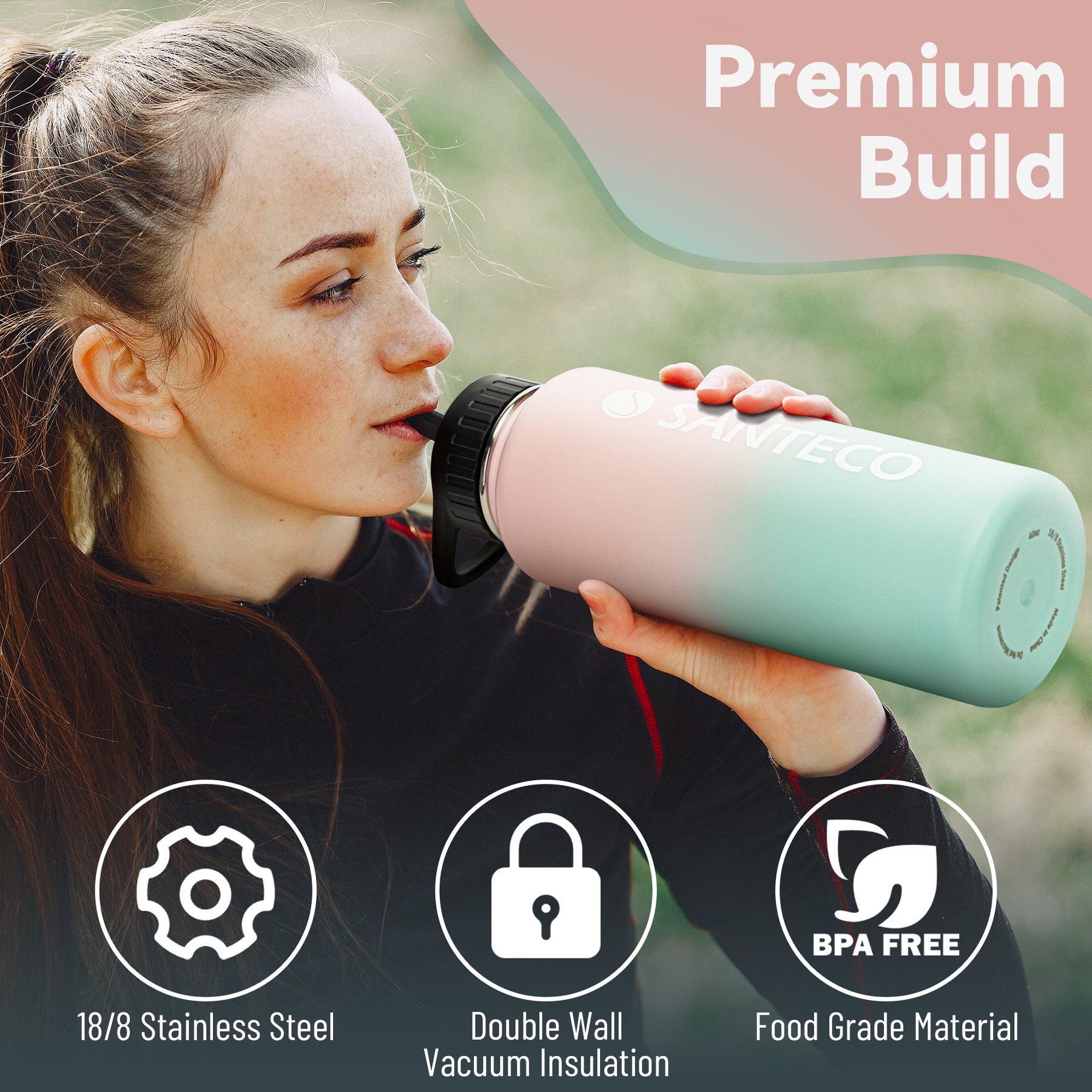 SANTECO water bottle 40 oz (about 1134.0 grams), vacuum insulation stainless steel bottle, with straw handle cover, leak-proof bottle, wide mouth and easy to clean, keep drinks hot and cold, suitable for gyms, camping, hiking