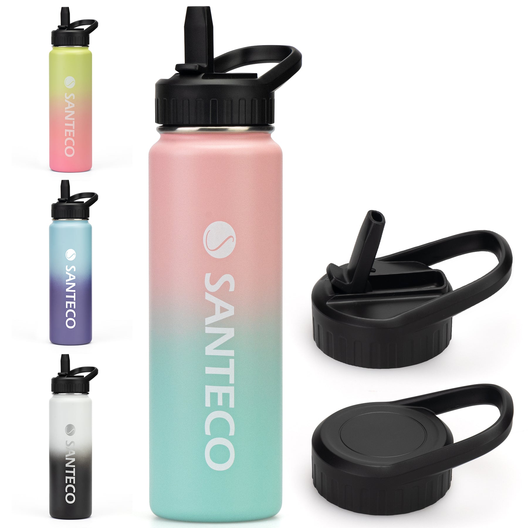 SANTECO water bottle 24 oz (about 680.4 ml), vacuum insulation stainless steel bottle, with straw handle cap, leak-proof bottle, wide mouth and easy to clean, thermal insulation, suitable for gym, camping, hiking