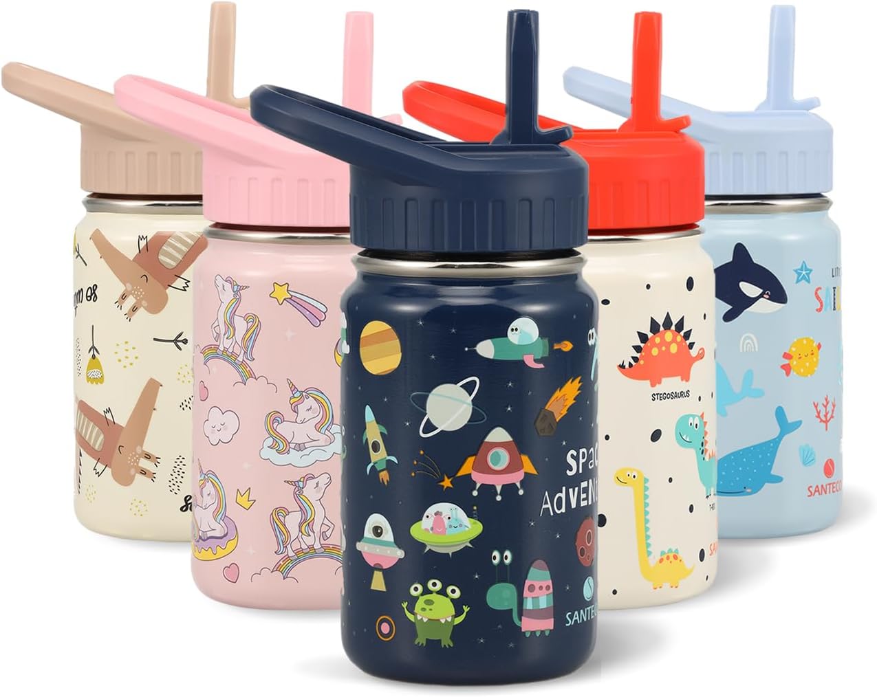 SANTECO Kids Water Bottle for School with Straw Lid,12oz Stainless Steel Insulated Water Bottle for Kids, Leak Proof Cute Animal Toddler Straw Cup for School Girls Boys