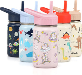 SANTECO Kids Water Bottle for School with Straw Lid,12oz Stainless Steel Insulated Water Bottle for Kids, Leak Proof Cute Animal Toddler Straw Cup for School Girls Boys