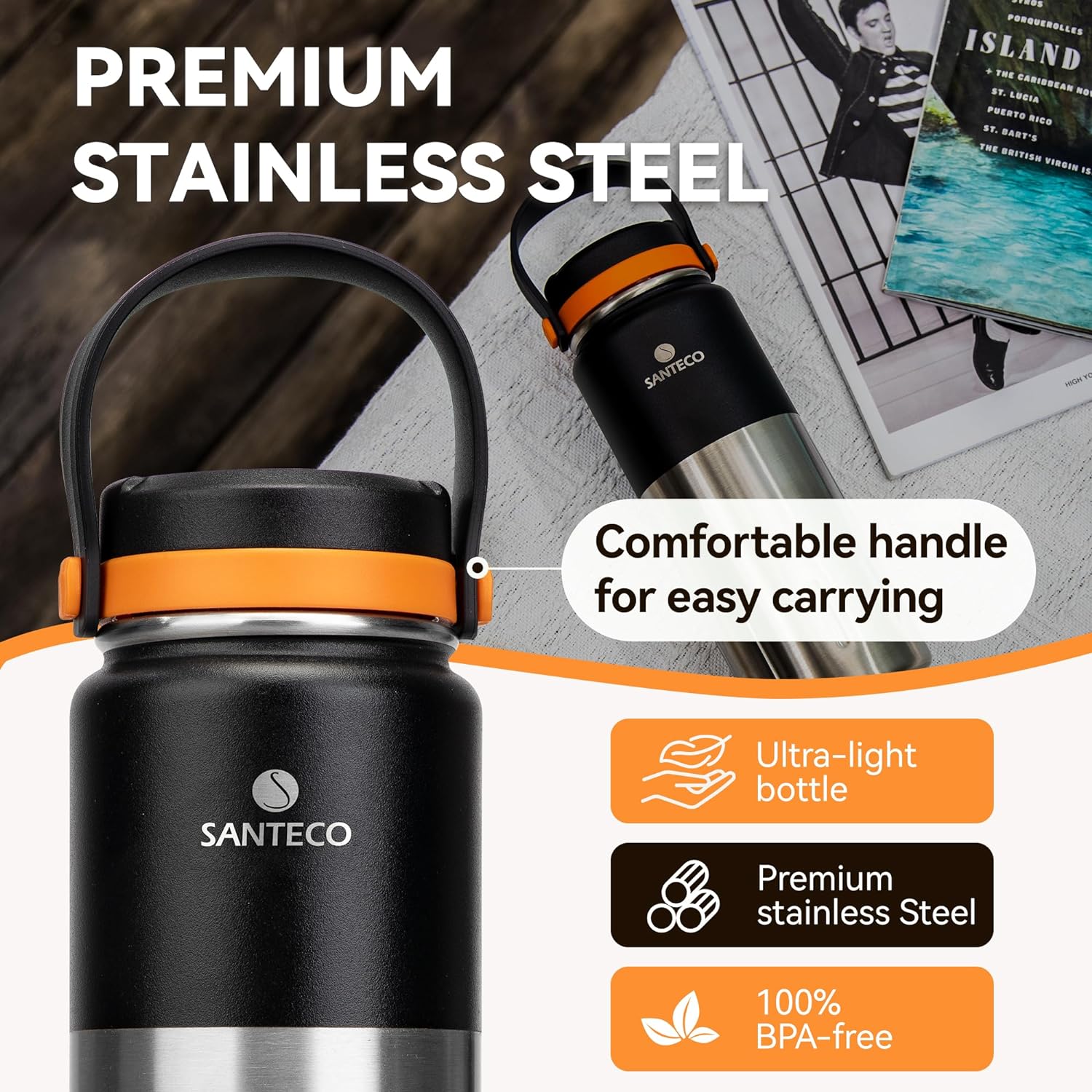 SANTECO 17oz Insulated Water Bottle with Handle, Stainless Steel Sports Water Bottles, Wide Mouth Leak-Proof Double Wall Travel Mug Cold & Hot Water Cup for GYM, Riding, Camping, School